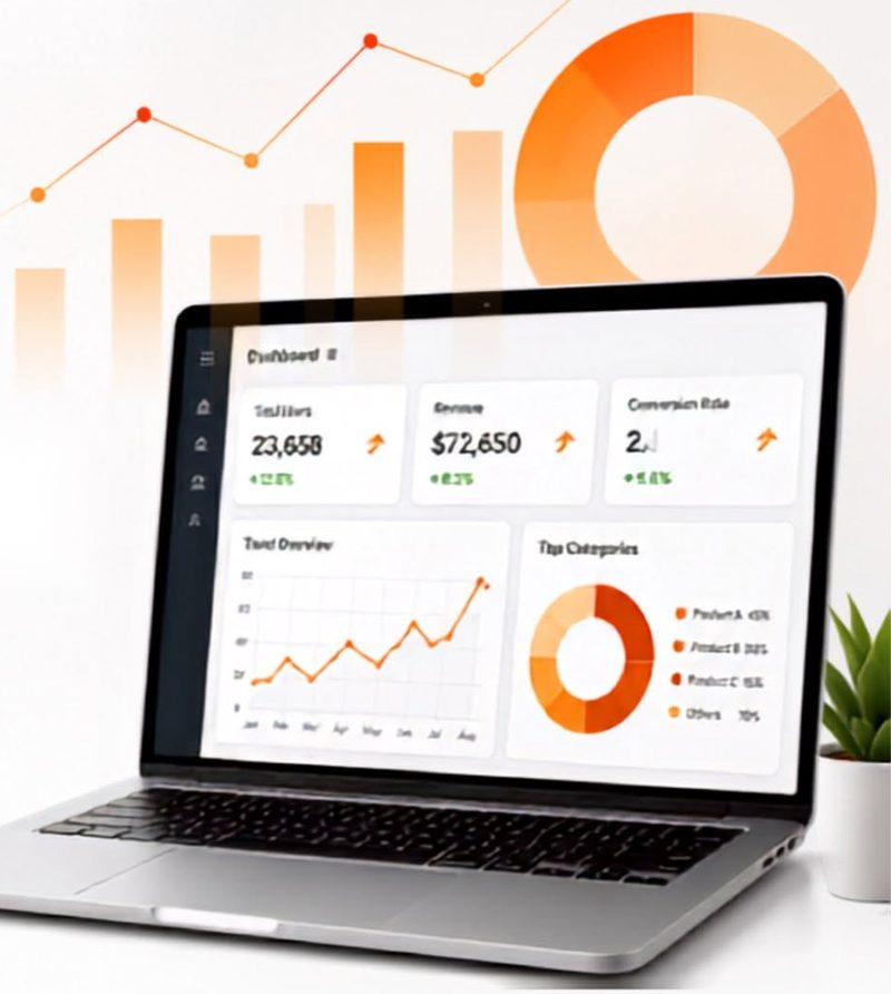 Business data analysis dashboard with charts on a laptop