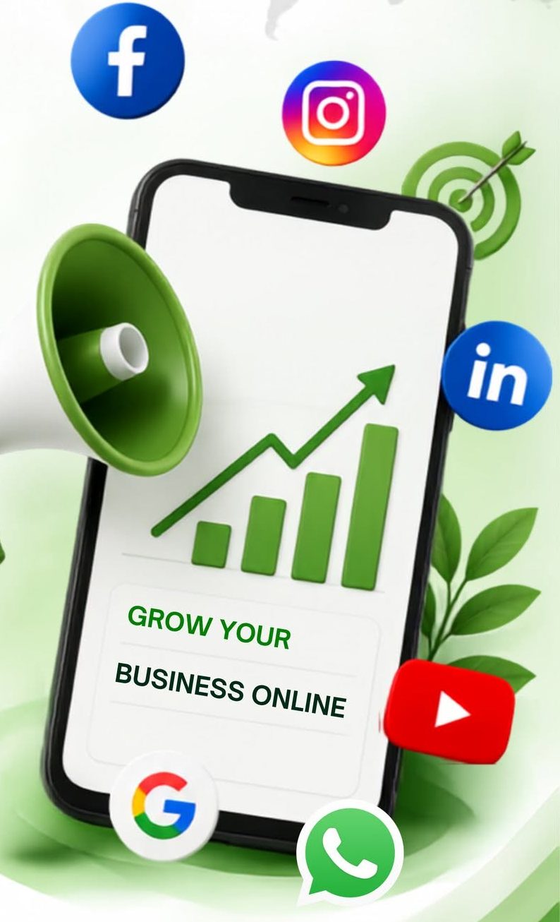 Digital marketing growth chart on a phone with social media and Google icons