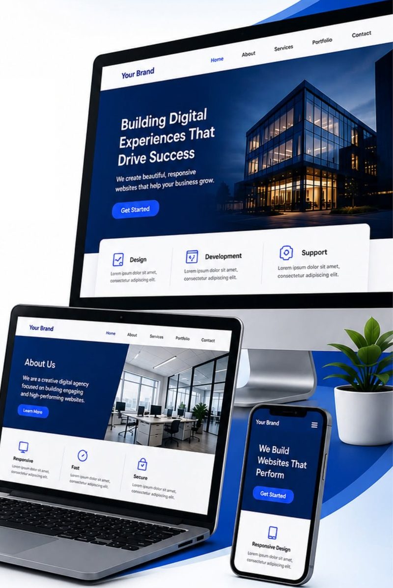 Responsive website design shown on desktop monitor, laptop and phone